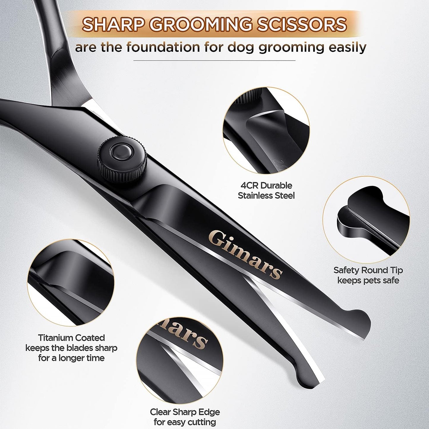 4CR Stainless Steel Safety round Tip 6 in 1 Professional Dog Grooming Scissors Kit, Heavy Duty Titanium Coated Straight & Thinning & Curved Shears & Comb Set for Dog & Cat Grooming